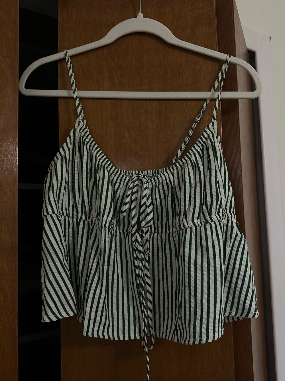 American Eagle Outfitters Green and White Striped Tie-Front Cami